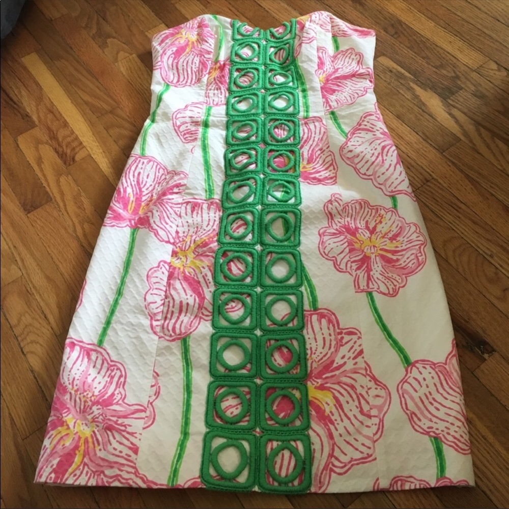 Lilly Pulitzer White Strapless Dress with Pink Floral Print & Green Trim